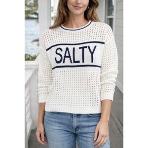 Mia & Tess Salty Knit Sweater White Navy Striped Mesh Cropped Top Women's Medium